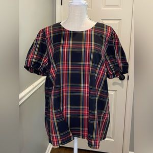 J. Crew womens black plaid top XXL short puffy sleeve ribbon bow tie holiday NWT